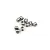 A small pile of ten silver-coloured metal M3 grub screws with hexagonal drive sockets, isolated on a white background.
