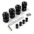 A set of four black Yeah Racing aluminium 17mm hex adaptors with 10mm offset, including wheel nuts, pins, and an L-shaped hex wrench.
