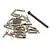 A collection of silver-coloured metal wheel bolts and a single black metal tool on a white background.