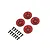 Four red anodized aluminium wheel hexes and ten small black screws arranged on a white background.