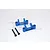 Two blue anodized aluminium C-hub steering carriers and two black metal screws on a white background.