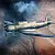 An artistic illustration of a V-156-B1 Chesapeake military aircraft flying over a rugged landscape with dark, stormy clouds in the background.