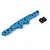 A blue anodized aluminium front damper tower for an RC car, accompanied by two small black cylindrical spacers on a white background.