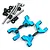 A set of blue anodized aluminium rear upper arms for an RC car, including metal pins, black plastic spacers, and E-clips, arranged on a white background.