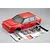 A red 1/10 scale Lancia Delta HF Integrale RC car body shell with various plastic accessory parts and decals laid out on a grey background.