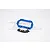 A blue anodized aluminium servo mount with a set of black screws on a white background.