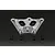GPM Racing silver aluminium front chassis brace for RC vehicles, shown with four black mounting screws on a carbon fiber background.