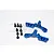 Two blue anodized aluminium RC front rocker arms with a set of seven black metal screws on a white background.