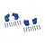 GPM Racing blue aluminium linkage mounts for RC cars, including four mounts labeled FR, FL, RL, RR and a set of silver metal screws.