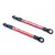 Two red anodized aluminium push rods with black plastic rod ends and metal pivot balls, isolated on a white background.