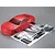 A red 1/10 scale 2011 Camaro RC body shell with included decal sheet, instruction manual, and small plastic accessory bags on a grey background.