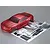 A red metallic 1/10 scale 2011 Camaro RC body shell with included decal sheets and plastic accessory parts on a grey background.