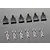 A set of six metal RC body clips with black plastic pull tabs arranged on a grey surface.