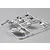 A chrome-plated plastic parts tree for a 1/10 scale RC car model, featuring light buckets and trim components on a grey background.