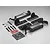 A set of black plastic display chassis parts for a 1/10 scale RC car, including side panels, mounting brackets, screws, and adhesive strips on a grey background.