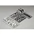 Two plastic model kit sprues for a 1/10 scale RC car, one with chrome-plated parts and one with matte black parts, on a grey background.