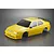 A yellow Killerbody 1/10 scale Alfa Romeo 155 GTA RC car body shell with black rear spoiler and tinted windows against a grey background.