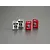 Four miniature scale model oil cans, two silver Mobil 1 bottles and two red Shell Helix HX3 bottles, arranged on a grey surface.