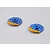 Two blue aluminium RC brake discs with gold-coloured calipers on a plain grey background.