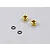 Two gold anodized aluminium 5mm LED light holders and two small black rubber O-rings on a grey surface.