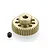 A gold-colored 42T 64dp pinion gear with a small black grub screw sitting on a white background.