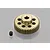 A gold-colored 48T 64dp pinion gear with a small black grub screw sitting on a reflective grey surface.