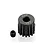 A black 15-tooth 48-pitch pinion gear with a small grub screw placed next to it on a white background.