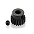 A black 18T 48P pinion gear with a grub screw sitting on a white surface.