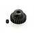 A black metal 26-tooth 48-pitch pinion gear with a small grub screw placed next to it on a white background.