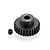 A black metal 28-tooth 48-pitch pinion gear with a small grub screw on a white background.