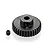A black metal 34T 48P pinion gear with a small grub screw placed on a white background.
