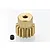 A gold-coloured 15-tooth 32 pitch RC pinion gear with a small black grub screw sitting on a white background.