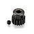 A black metal 16T 32dp pinion gear with a small grub screw sitting next to it on a white background.