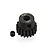 A black metal 18-tooth 32-pitch pinion gear with a small grub screw placed next to it on a white background.