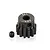 A black metal 13-tooth 1Mod pinion gear with a small grub screw placed next to it on a white background.
