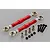 Two red anodized aluminium steering turnbuckles with metal rod ends, accompanied by four black screws, four metal spacers, and four black nylon lock nuts.