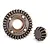 A Traxxas differential ring gear and a matching pinion gear made of dark grey metal on a white background.