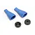 Two blue rubber shock dust boots and two black plastic shock caps on a white background.