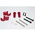 GPM Racing red aluminium rear adjustable shock mount set including brackets, screws, pins, and spacers on a white background.