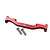 A red anodized aluminium front lower chassis brace for an RC car, accompanied by two silver metal screws, set against a plain white background.