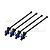 Four black hardened steel CVD drive shafts with blue aluminium wheel hexes and small grub screws, arranged diagonally on a white background.