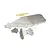 GPM Racing stainless steel chassis skid plate set for RC cars, including main plate, smaller plates, and gold-colored mounting screws on a white background.