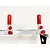 A T-Bone RC car wall rack featuring an aluminum frame with adjustable red-capped vertical supports and red adjustment knobs.