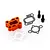 An orange anodized aluminium intake manifold for an RC engine, including two gaskets, a plastic spacer, and two black mounting bolts.