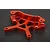 A bright orange anodized aluminium front shock tower for an RC car, featuring a complex CNC-machined design with multiple mounting holes.
