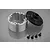 A silver aluminium differential housing with a black end cap and four small black screws on a grey reflective surface.