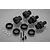 A set of Rovan black aluminium wheel hubs, including nuts, pins, and clips, arranged on a grey reflective surface.