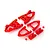 A set of bright red RC car front suspension arms and mounting components laid out on a white background.