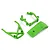 A set of three bright green plastic RC car bumper and chassis components on a white background.