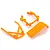 Three bright orange plastic RC car bumper components arranged on a white background.
